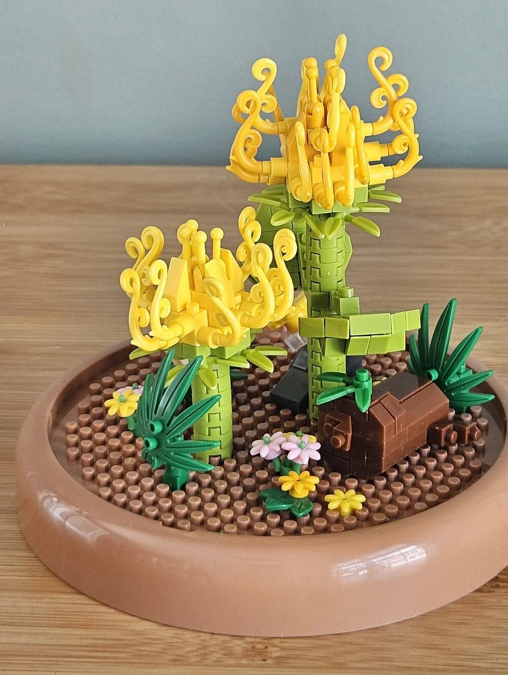 Glass Dome Terrarium with Yellow Floral Accent Bricks No Instructions Assembeled